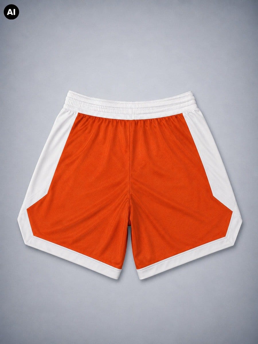 Bunte Sportshorts in Orange mit weißen Seiten- und Saumdetails, elastischem Bund, auf grauem Hintergrund.