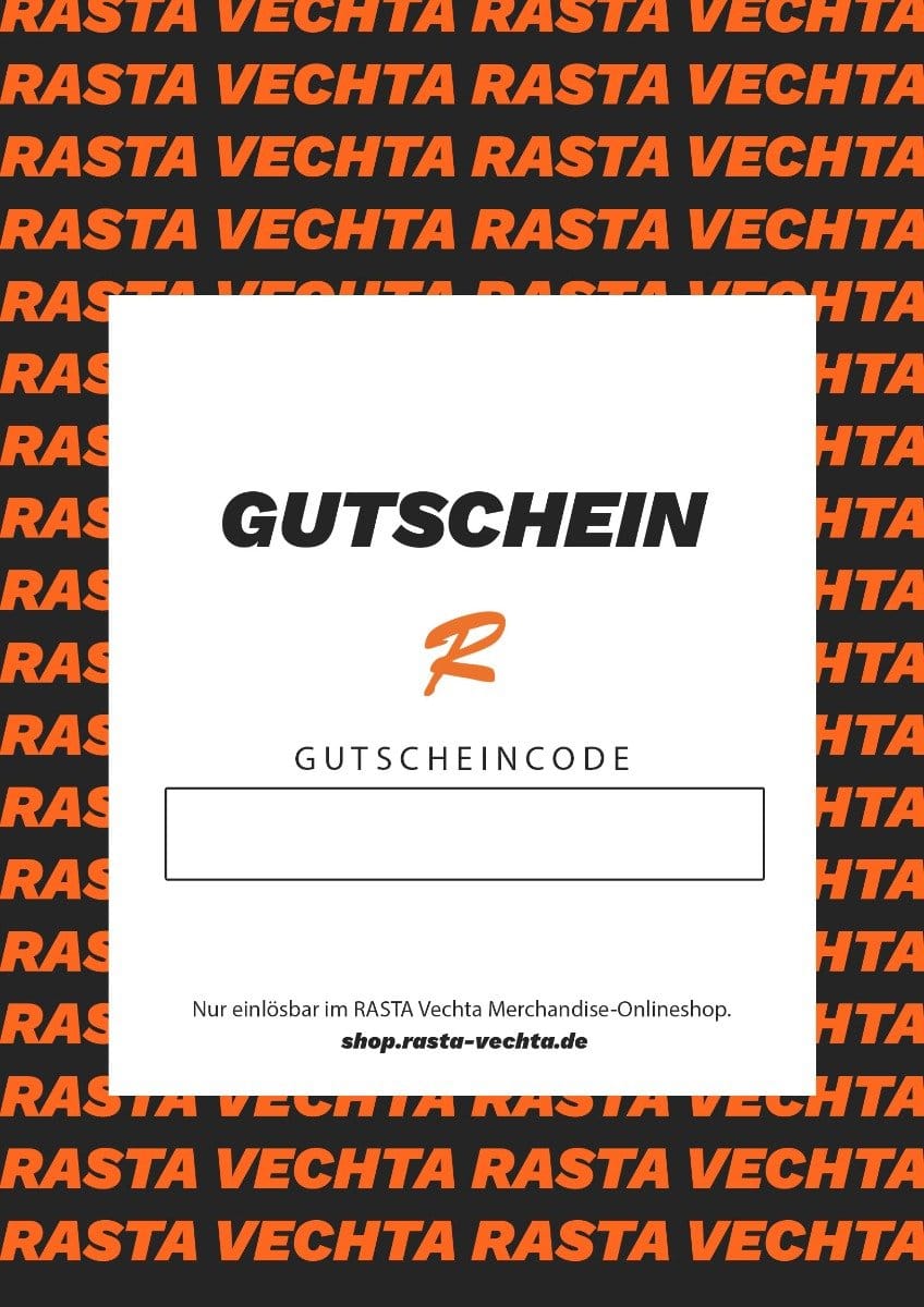 Gutscheinvorlage RASTA VECHTA in Orange auf schwarzem Hintergrund