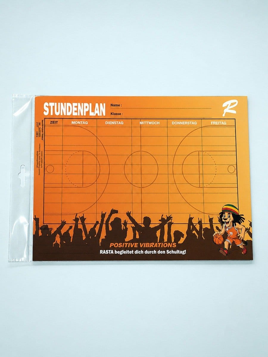 Orangefarbener Schulstundenplan mit Basketball-Motiv, Silhouetten von jubelnden Menschen und einem lachenden Hund mit Basketball, Text: "Positive Vibrations".