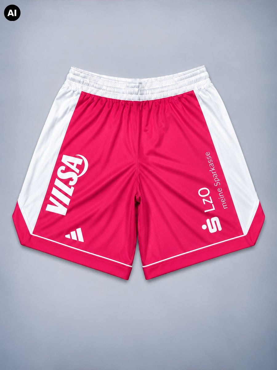 Bunte Sportshorts in Rot und Weiß mit Logos und Texten, elastischer Bund, liegend auf grauem Hintergrund.