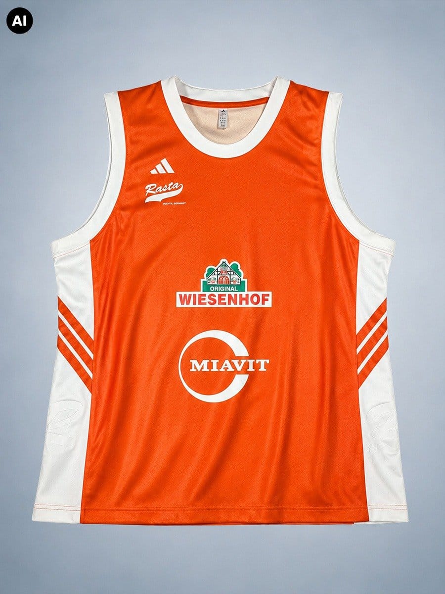 Ein orange-weißes Basketballtrikot mit Sponsorenlogos und weißen Streifen an den Seiten, ohne Ärmel, auf hellgrauem Hintergrund.