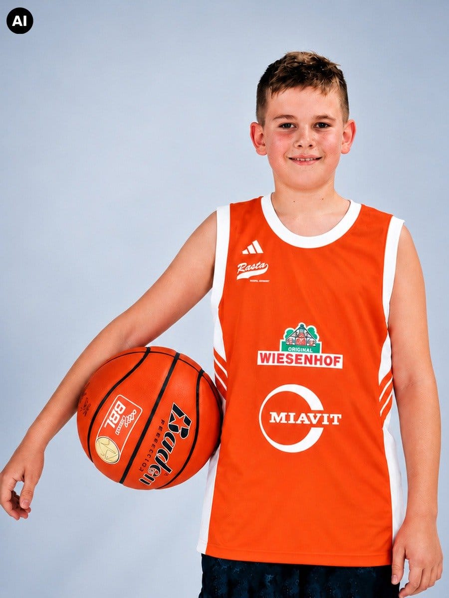 Junge in orange Basketballtrikot mit weißen Akzenten, hält einen Basketball in der linken Hand, vor hellem blauen Hintergrund.