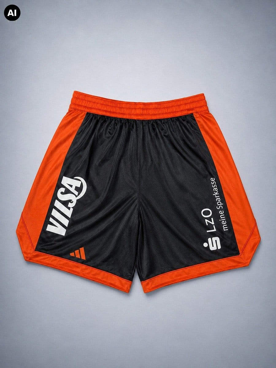 Schwarze und orange Sportshorts mit elastischem Bund, Logos und Text auf der Vorderseite, liegen flach auf einem grauen Hintergrund.